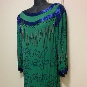 Vintage I. Magnin Women's Green Sequin Beaded Fringed Silk Midi Dress